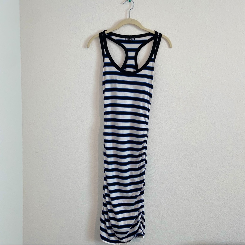 EXPRESS Striped Black White Blue Racerback Ruche Dress Size XS